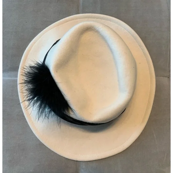 Vintage Betmar Wool Fedora Hat with Bow Feather Cream Off White Black